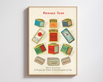 Vintage Tea Tins Poster: Colorful Tea Varieties Art Print
