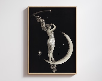 Vintage Moon Goddess Art Print: Elegant Woman on Crescent Moon