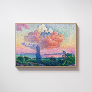 Vintage Sunset Landscape Poster: Pointillism Painting Art Print