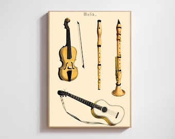 Peut inclure: Une illustration vintage d'instruments de musique, dont un violon, une flûte, une clarinette et une guitare. L'image est intitulée "Musik."