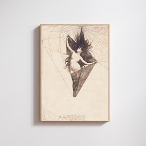 May include: A black and white drawing of a woman trapped in a spider web. The woman is nude and has long hair. The drawing is titled "Aracnida".