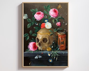 Vintage Floral Skull Painting: 17th Century Vanitas Art Print