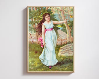 Manifesto pubblicitario vintage per tonico per capelli: donna in stile Art Nouveau, arredamento da salone vittoriano