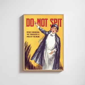 Vintage DO NOT SPIT Poster | Disease Awareness Art | Nurse Illustration | Bright Yellow Print | Retro Public Health Decor | Funny Nurse Art