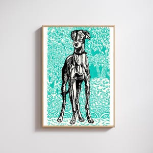 Vintage Greyhound Art Print - 1912 Black and Turquoise Dog Illustration by Moriz Jung