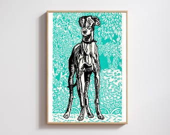 Vintage Greyhound Art Print - 1912 Black and Turquoise Dog Illustration by Moriz Jung