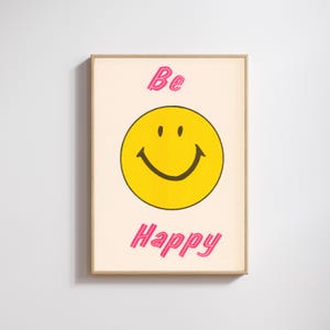 Vintage Smiley Face Poster | Retro Pink Typography | Be Happy Print | Nostalgic 1970s Style Art | Classic Retro Home Decor | Good Vibes Art