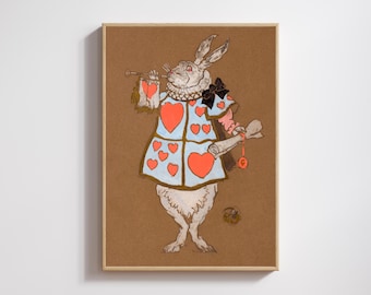 Lámina artística vintage de un heraldo de conejo blanco: ilustración de Alicia en el país de las maravillas
