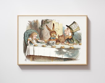 Lámina vintage de Alicia en el país de las maravillas: Fiesta del té del Sombrerero Loco, obra de John Tenniel