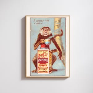 Vintage Coffee Monkey Poster | Quirky Retro Animal Print | Art for Coffee Lovers | Odd Decor For Kitchen | Fun Art For Coffee Shop Cafe