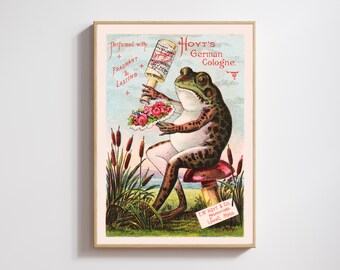 Antique Frog Perfume Ad Poster: Whimsical Victorian Botanical Print