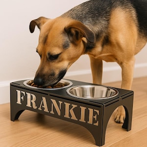Custom Metal Dog Bowl Stand with Name – Personalized Raised Pet Feeder for Dogs – CNC Cut Aluminum