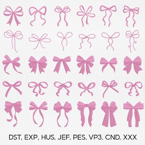 May include: A collection of pink bow designs in various styles. The bows are arranged in rows and columns on a white background. The image includes text at the bottom: DST, EXP, HUS, JEF, PES, VP3, CND, XXX.