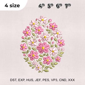 Peut inclure: Motif de broderie florale ovale avec des fleurs roses et blanches et des feuilles vertes. Le motif est disponible en 4 tailles : 10,16 cm, 12,7 cm, 15,24 cm et 17,78 cm. Le motif est adapté à diverses machines à broder.