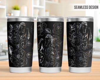 Vaso de 20 oz con grabado láser de caballos y flores, vaso de caballos con grabado láser, SVG de 20 oz con grabado láser, SVG con grabado láser, SVG rotativo láser