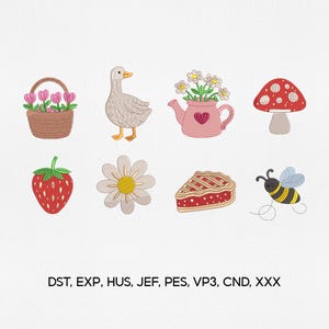 Może przedstawiać: Wzory haftowanych naszywek z różnymi motywami: kosz różowych tulipanów, gęś, różowa konewka z kwiatami, czerwony grzyb, truskawka, stokrotka, kawałek ciasta i pszczoła. Tekst "DST, EXP, HUS, JEF, PES, VP3, CND, XXX" znajduje się na dole.