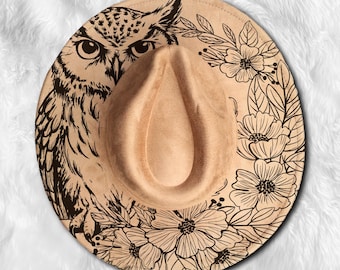 Gravure au laser de chapeau à bord fleurs et hibou SVG, SVG de fleurs chapeau au laser - téléchargement numérique (SVG, PNG) pour chapeaux de cow-boy et à large bord