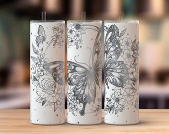 Papillons et fleurs Gobelet Svg laser 20 oz, Gobelet maigre 20 oz floral papillon, Svg laser enveloppant complet, Svg gravé au laser, fichier laser pour gobelet