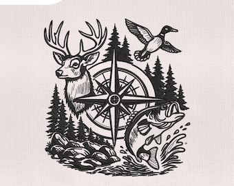 May include: Black and white embroidered design featuring a deer, compass, duck, and fish. The design includes the text "4 size" and size options of 4", 5", 6", and 7". The bottom of the design includes the text "DST, EXP, HUS, JEF, PES, VP3, CND, XXX".