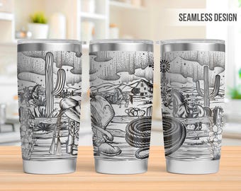 May include: A set of three stainless steel tumblers with a black and white Western-themed design. The design features a cowboy scene with cacti, horses, a windmill, and the words "SEAMLESS DESIGN".