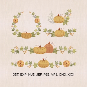 May include: A collection of embroidered pumpkin designs in various arrangements. The pumpkins are in shades of orange and brown, with green leaves and vines. Some designs are in a wreath shape, while others are in a linear pattern. The background is a light beige.