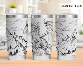Dragon on Mountain 20oz Tumbler Laser Engraving Wrap, Dragon Tumbler Laser svg, Laser Engraved Svg, Laser Engraving Svg, SVG Laser Rotary