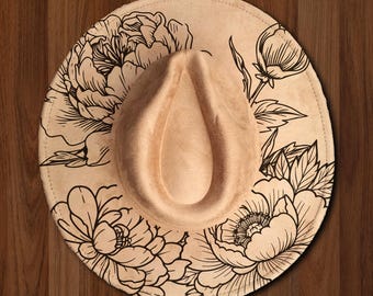 Gravure au laser de chapeau à large bord fleur de pivoine SVG, SVG de fleur chapeau au laser - téléchargement numérique (SVG, PNG) pour chapeaux de cow-boy et à large bord