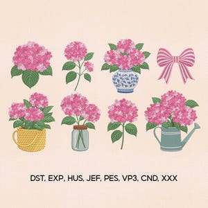 Puede incluir: Diseños bordados de flores de hortensia rosa en varios arreglos. Los diseños incluyen flores en un jarrón, una regadera, una cesta y un tarro, junto con un lazo a rayas. La imagen también incluye el texto: DST, EXP, HUS, JEF, PES, VP3, CND, XXX.