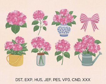 Lot de 8 motifs de broderie fleur d'hortensia rose, motif de broderie hortensia, fichier Pes de broderie de fleurs, fichier de Machines à broder