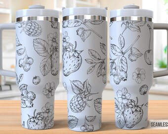 May include: White travel mug with a handle and lid, featuring a black and white botanical design of berries, flowers, and leaves. The mug has a seamless design and is suitable for hot or cold beverages.