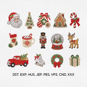 May include: A collection of fourteen embroidered Christmas-themed patches featuring Santa, a tree, ornaments, a gingerbread house, candy cane, stocking, cocoa mug, nutcracker, snow globe, reindeer, truck, skates, wreath, and gift. Text reads: DST, EXP, HUS, JEF, PES, VP3, CND, XXX.