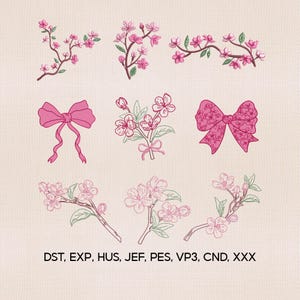 May include: A collection of pink floral embroidery designs, including branches, bows, and bouquets. The designs feature delicate pink blossoms and green leaves, perfect for crafting projects. The image includes the text: DST, EXP, HUS, JEF, PES, VP3, CND, XXX.