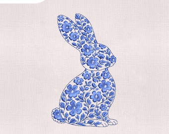 4 tailles de motif de broderie chinoiserie lapin, motif de broderie floral bleu lapin, fichier Pes de lapin mignon, fichier Machines à broder