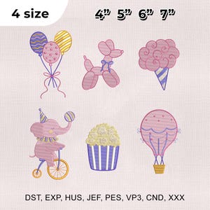 Puede incluir: Seis diseños bordados con temas de circo y carnaval. Los diseños incluyen globos, un animal de globo, algodón de azúcar, un elefante en bicicleta, palomitas de maíz y un globo aerostático. Los diseños están disponibles en 4 tamaños: 10,16 cm, 12,7 cm, 15,24 cm y 17,78 cm.