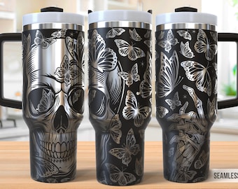 Skull and Butterflies 40oz Tumbler Laser Engraving Wrap, Skull Tumbler Laser svg, Butterfly Laser Engraved Svg, Laser Engraving Svg