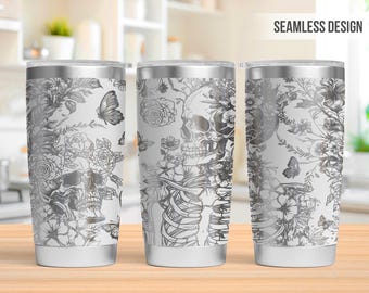 Skull Flowers 20oz Tumbler Laser Engraving Wrap, Lover Skull Tumbler Laser svg, 20oz Laser Engraved Svg, Laser Engraving Svg, Laser Rotary