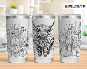 Boho Highland Cow 20oz Tumbler Laser Engraving Wrap, Cow Tumbler Laser svg, 20oz Laser Engraved Svg, Laser Engraving Svg, Laser Rotary