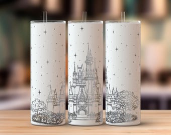 Vaso de 20 oz con diseño de castillo de cuento de hadas (SVG), vaso delgado de 20 oz con envoltura completa (SVG), grabado láser (SVG), archivo láser para vaso