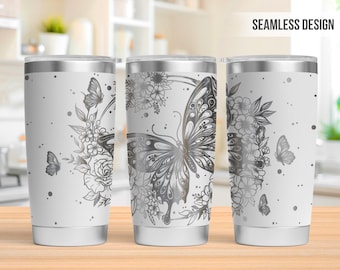 Butterflies & Flowers 20oz Tumbler Laser Engraving Wrap, Floral Butterfly Tumbler Laser svg, 20oz Laser Engraved Svg, Laser Engraving Svg