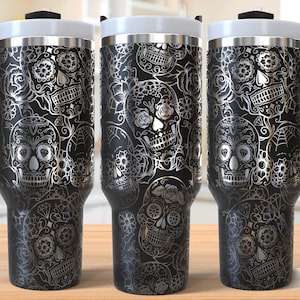 Vaso de 40 oz con calaveras de azúcar, envoltura con grabado láser, vaso de 40 oz con calaveras, svg con grabado láser, svg con grabado láser, svg para láser rotativo