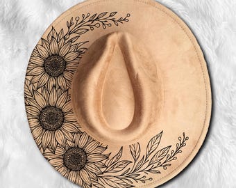 Kapelusz słonecznikowy z grawerunkiem laserowym SVG, Kapelusz słonecznikowy z grawerunkiem laserowym SVG – pobieranie cyfrowe (SVG, PNG) dla kapeluszy z szerokim rondem i kowbojskich