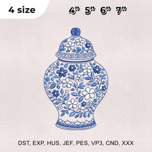 May include: A blue and white floral embroidered jar with a lid. The jar is decorated with white and blue flowers and leaves. The image includes the text "4 size" and the sizes 4", 5", 6", and 7".