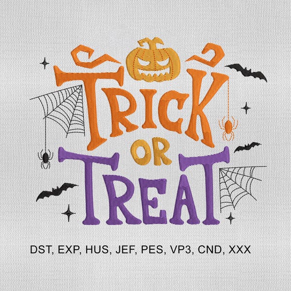 5サイズのトリック・オア・トリートの刺繍デザイン、ハロウィーンの刺繍デザイン、刺繍デザイン、刺繍機ファイル