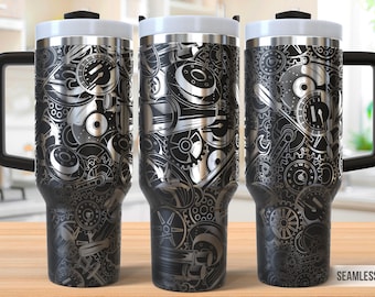 May include: A black stainless steel tumbler with a silver design of gears and other mechanical parts. The tumbler has a handle and a lid. The text "Seamless Design" is visible at the bottom of the image.