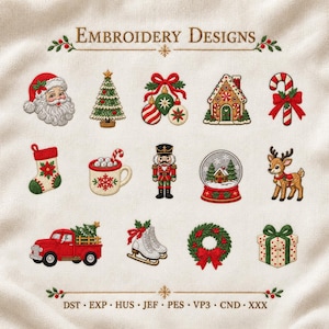 May include: Embroidery Designs collection featuring Christmas icons: Santa, tree, ornaments, gingerbread house, candy cane, stocking, cocoa mug, nutcracker, snow globe, reindeer, red truck, ice skates, wreath, and gift box. File formats: DST, EXP, HUS, JEF, PES, VP3, CND, XXX.