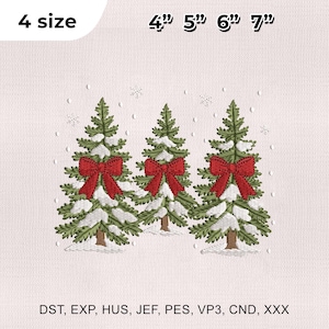 May include: Embroidered design featuring three Christmas trees with red bows and snow. The design is available in 4 sizes: 4", 5", 6", and 7". The image also includes the text "4 size" and file type abbreviations.