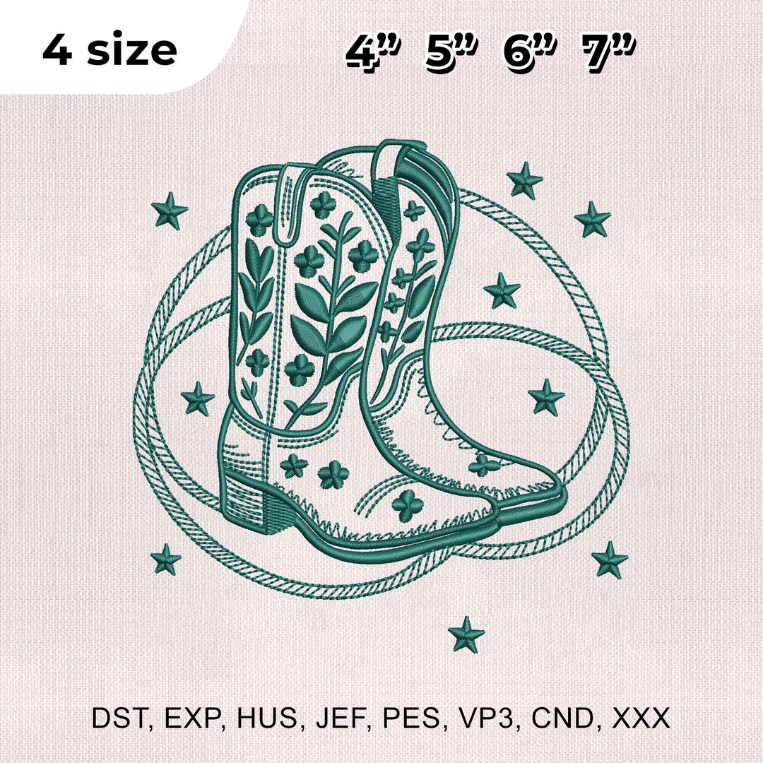 4 Size Cowgirl Boots Embroidery Design, Western Boots Embroidery Design ...