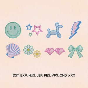 May include: Embroidered patches with various designs, including a smiley face, stars, a balloon dog, a lightning bolt, a seashell, flowers, heart-shaped sunglasses, and a bow. The patches are in shades of blue, pink, and green.