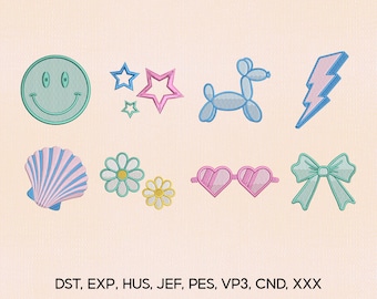 8 Mini Quirky Chic Girly Icons Embroidery Design Bundle,Seashell Star Lighting Bolt Bow Balloon Dog Embroidery File,Embroidery Machines File