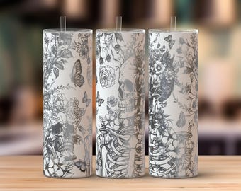Skull Flowers 20oz Tumbler Laser Svg, Romantic Lover Skull 20oz Skinny Tumbler Full Wrap Laser Svg, Laser Engraved Svg, Tumbler Laser File